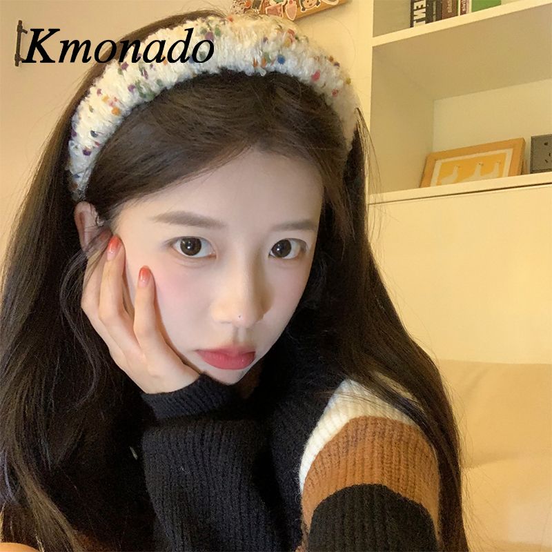 Korean color woven plaid wool headband women's pressure hair wash face high skull top headband sweet and versatile