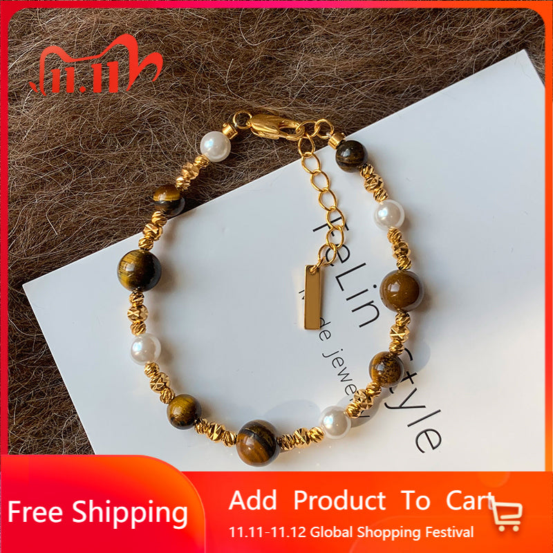Original natural tiger's eye stone pearl bracelet for girls 2025 new light luxury niche high-end exquisite bracelet jewelry