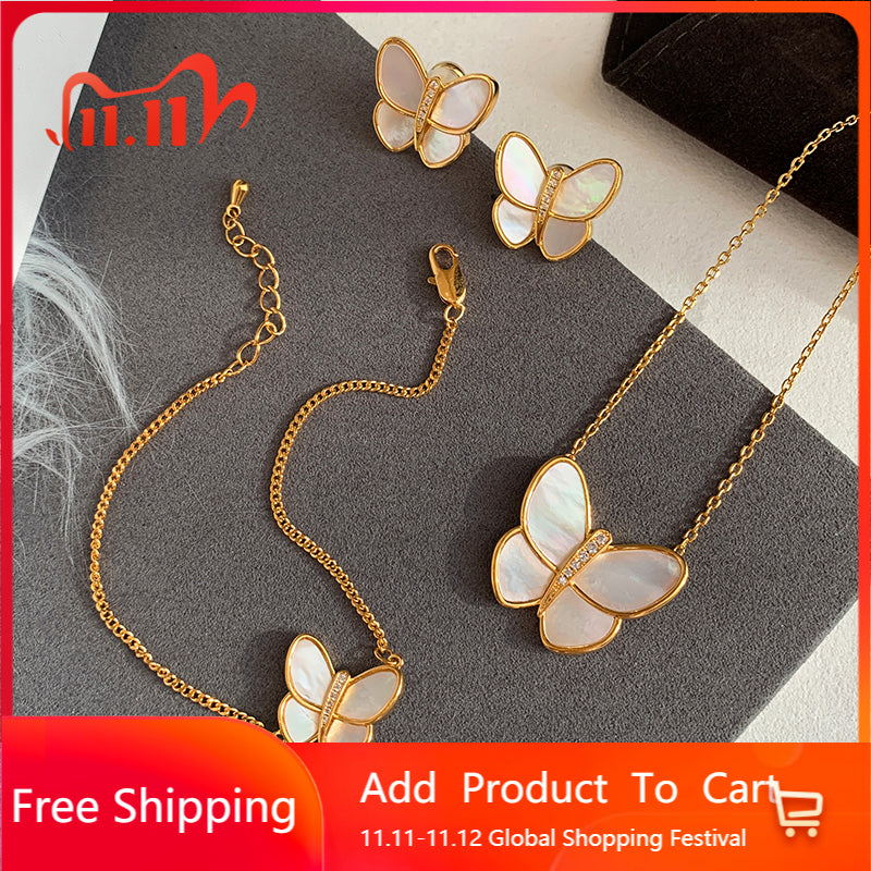 Natural white fritillary butterfly necklace women's high-end 2025 new popular light luxury niche high-end retro sweater chain