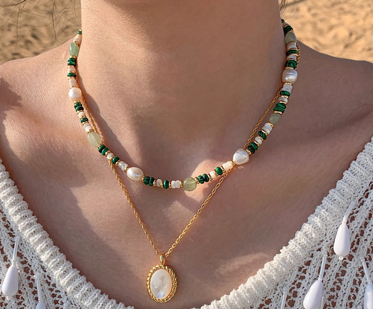 Natural pearl peacock stone green beaded necklace women's accessories light luxury niche 2025 new sweater chain neck chain