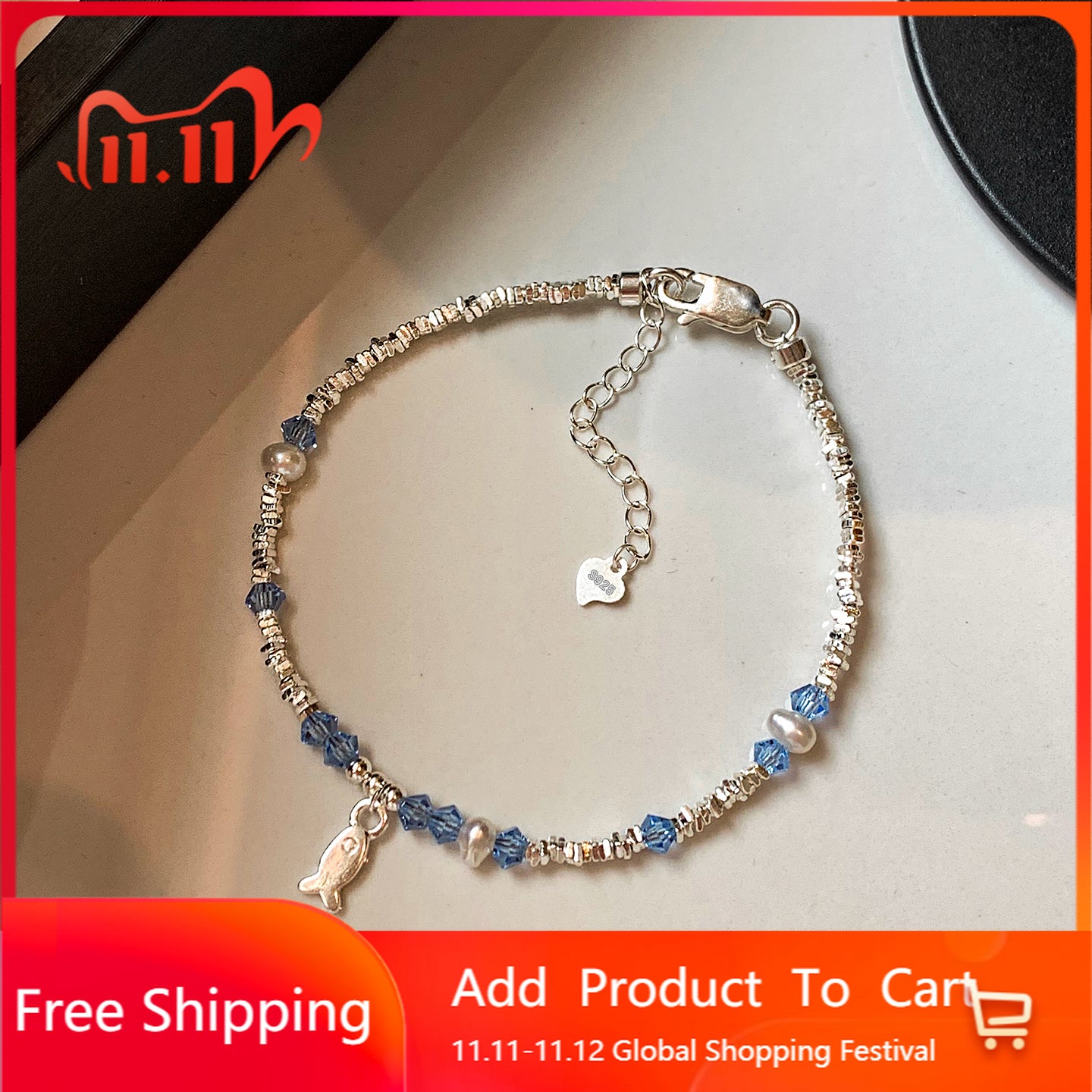 925 sterling silver broken silver aquamarine natural pearl bracelet women's light luxury exquisite fashion high-end bracelet