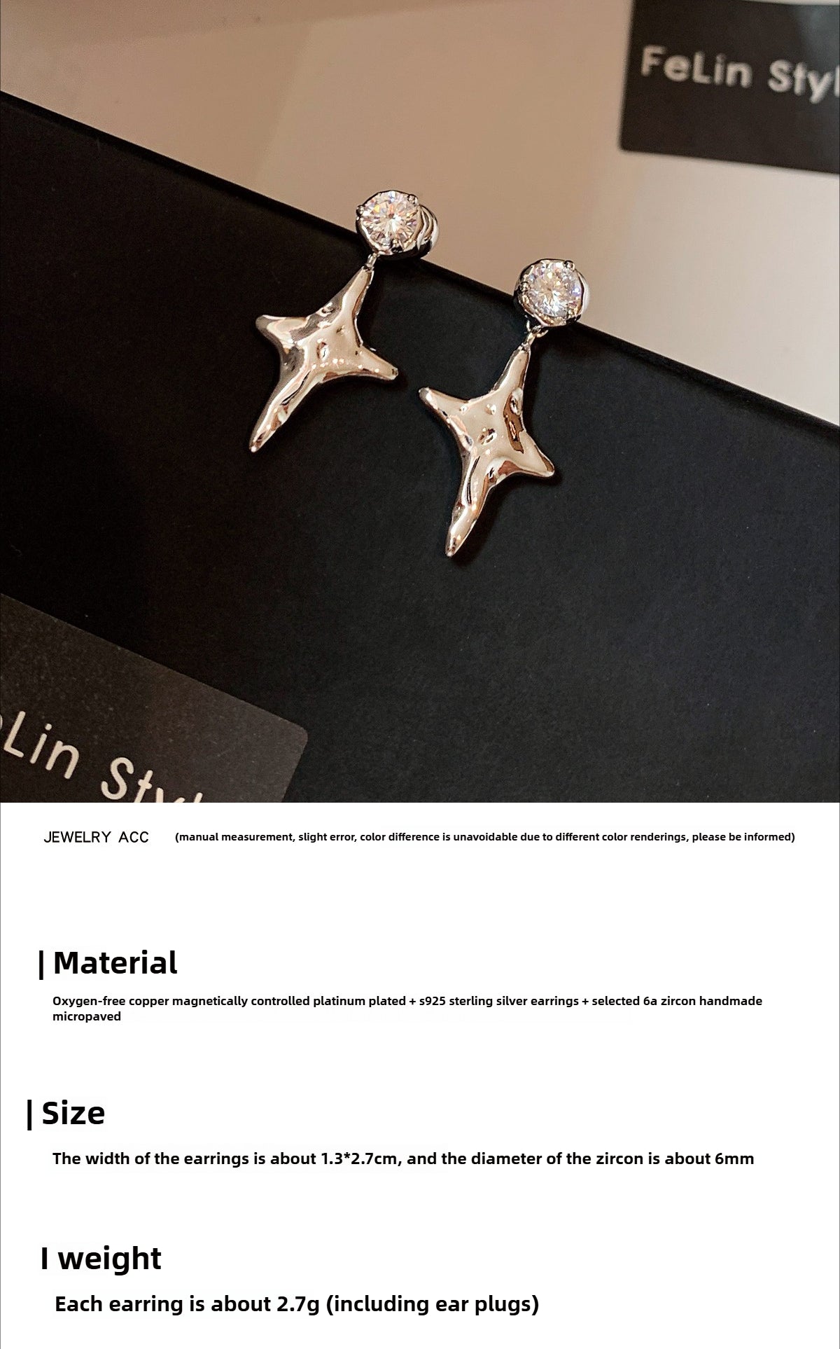 S925 sterling silver with diamonds, silver four-point star stud earrings, women's niche design sense, light luxury, high sense, cold earrings