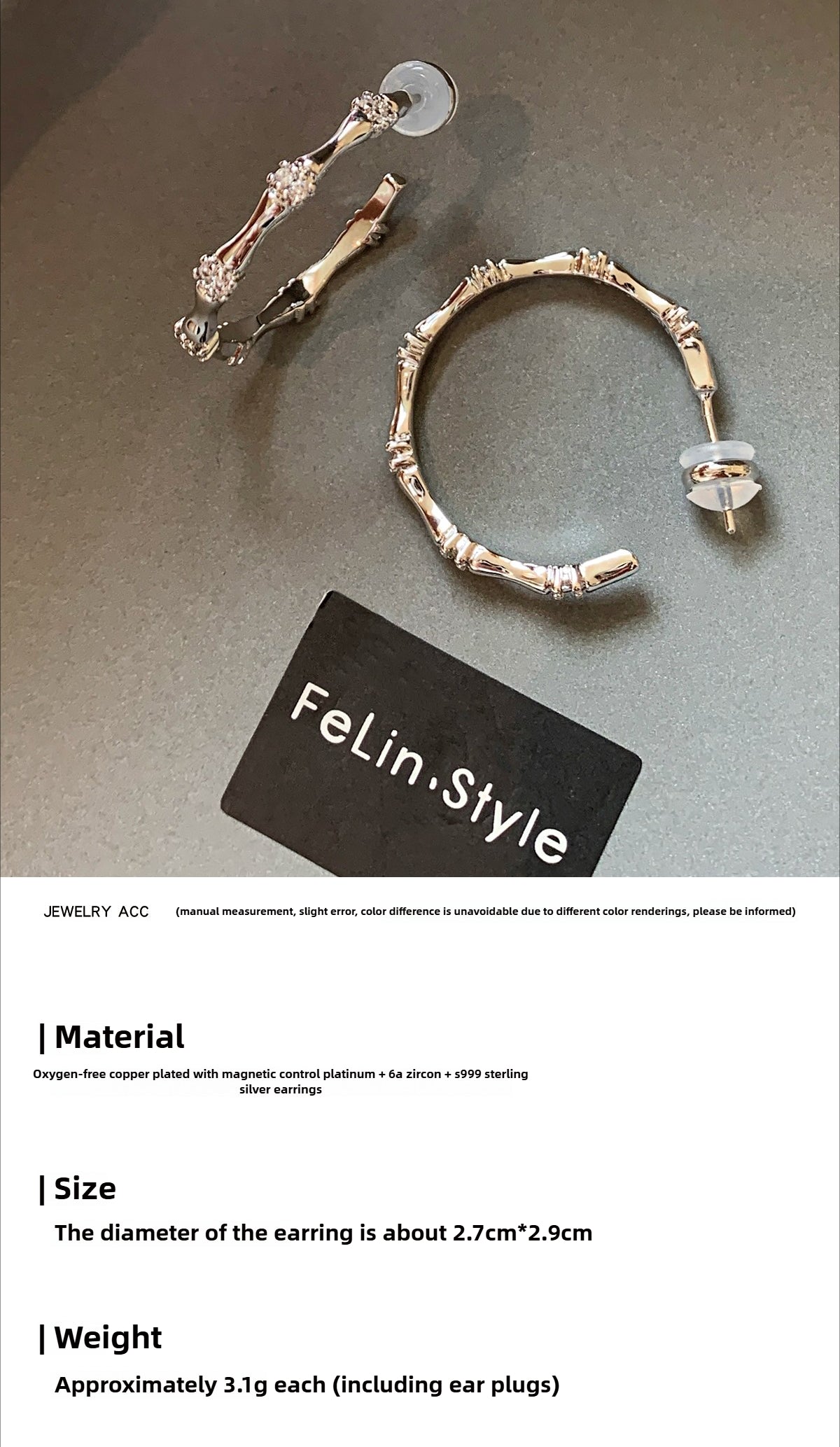 S999 sterling silver metal silver diamond-encrusted bamboo earrings women's high-end sense light luxury temperament niche versatile exquisite earrings