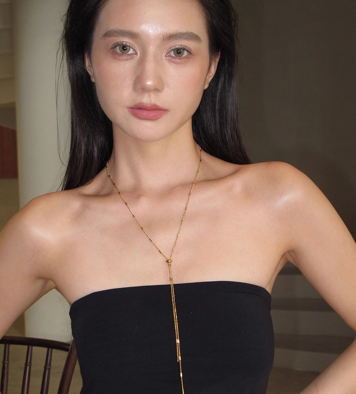 Pull adjustable long gold and silver metal plain chain necklace women's accessories summer light luxury niche premium collarbone chain