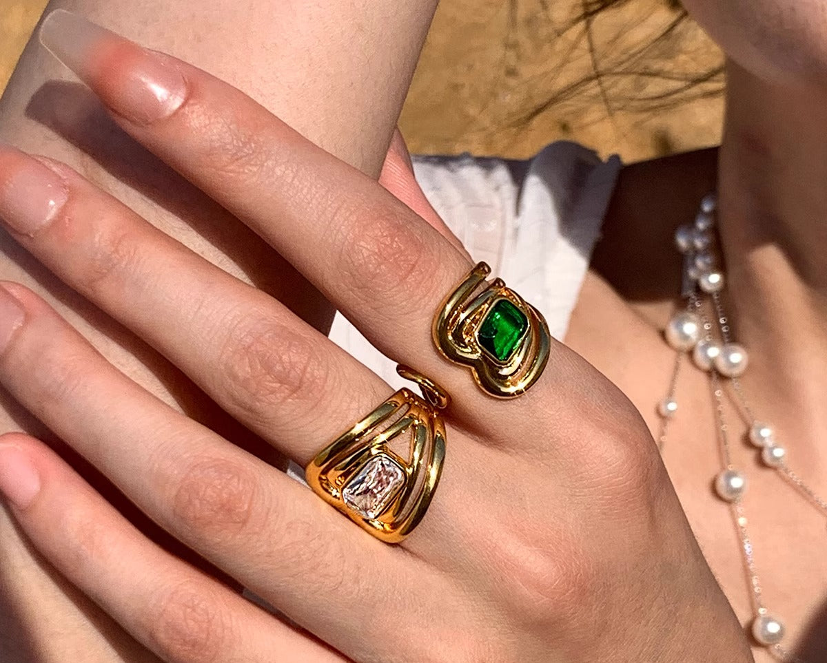 European and American exaggerated personality green mother green zircon diamond open ring female middle finger index finger light luxury niche high sense