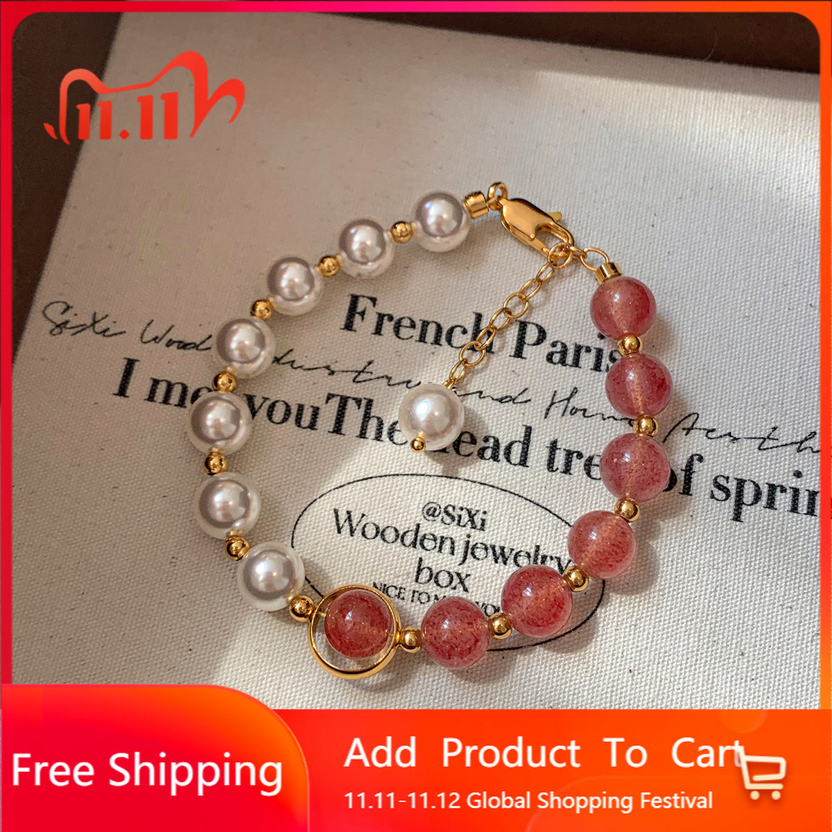 Natural strawberry pink crystal S home pearl bracelet women's light luxury niche exquisite 2025 new metaphysical bracelet