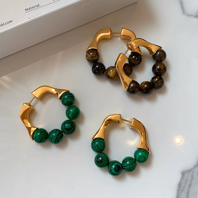 French retro natural malachite tiger's eye earrings women's niche design sense high-end unique earrings earrings earrings