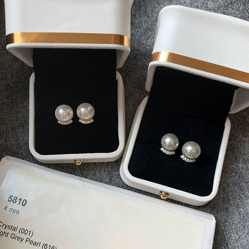 French real hemp silver gray Australian white diamond-encrusted pearl stud earrings women's 2025 new popular high-end earrings earrings