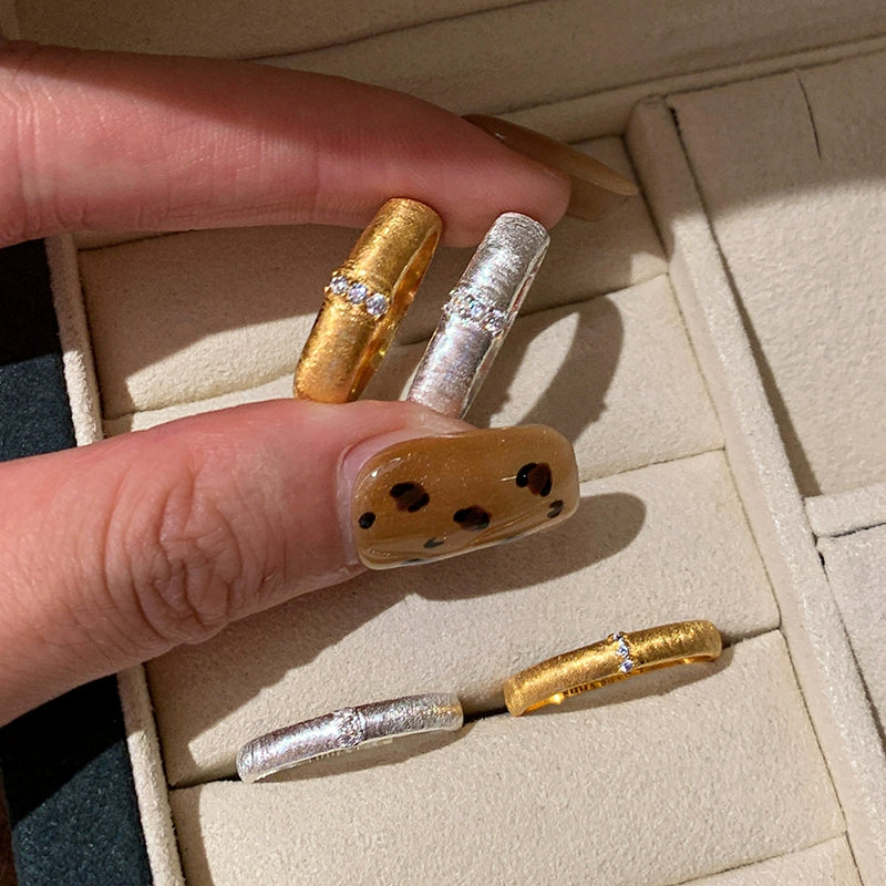 Non-fading retro matte brushed gold diamond plain ring index finger ring women's niche design light luxury high sense