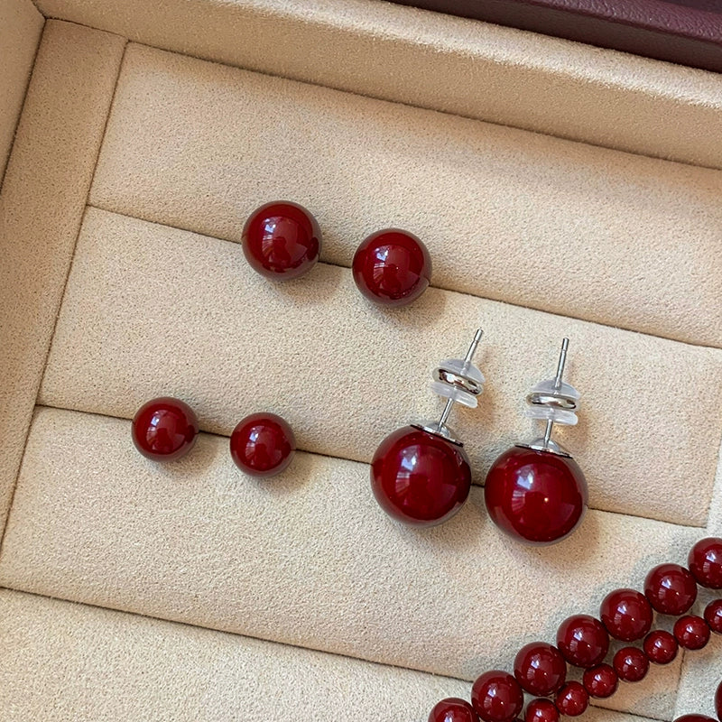 S925 silver needle red stud earrings women are suitable for Chinese New Year jewelry 2025 new high-end red pearl earrings earrings