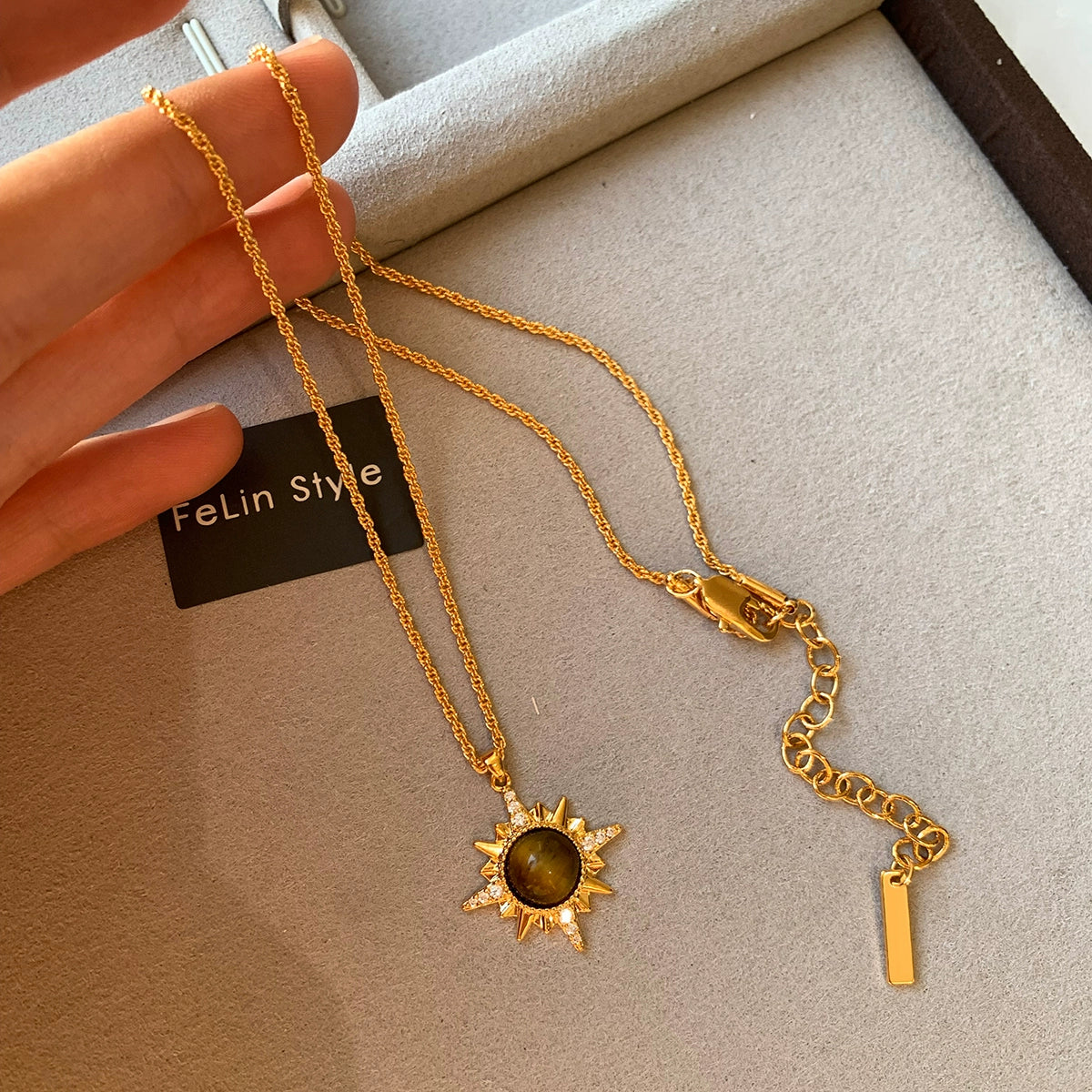 Natural Tiger's Eye Stone Necklace Women's High-end Long Sweater Chain Double Layer Stacked Wear Maillard Accessories Light Luxury Niche Premium