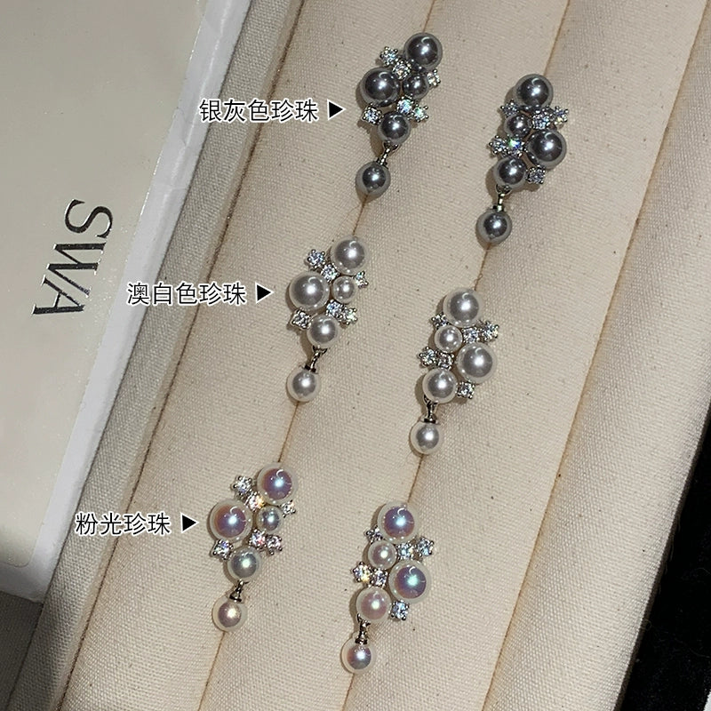 S925 silver needle real hemp silver gray grape pearl stud earrings women's unique 2025 new high-end earrings earrings