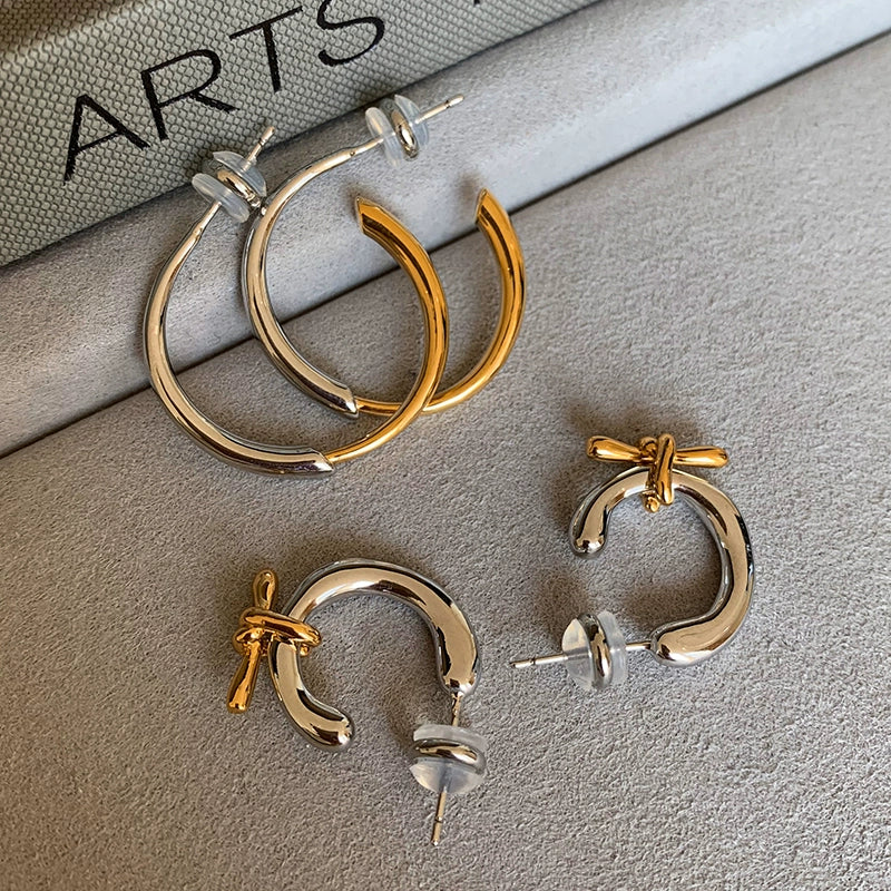 Gold and silver color matching bow C-shaped round earrings, earrings, women's niche design sense, advanced unique simple stud earrings, earrings