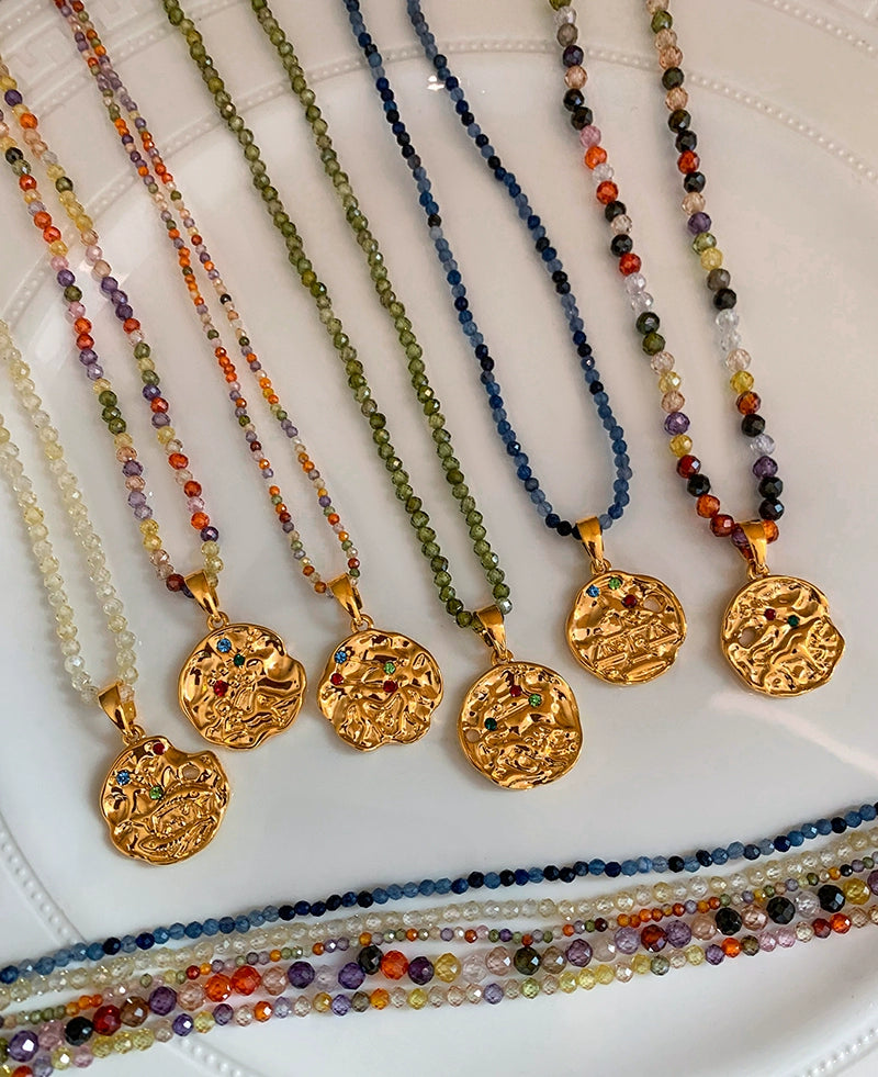 Twelve constellations gold coin pendant dopamine color beaded necklace women's summer accessories light luxury niche collarbone chain