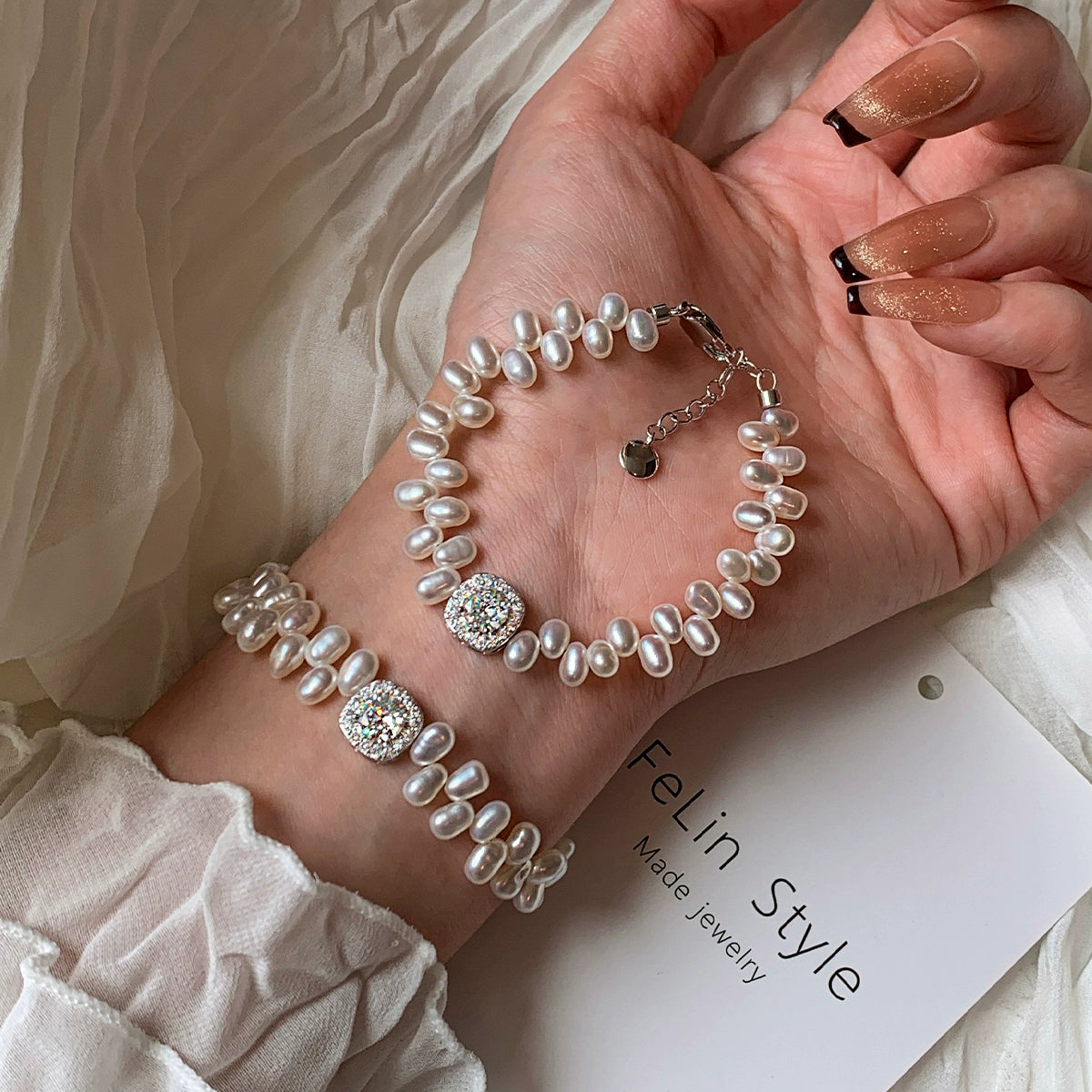Natural freshwater pearl zircon diamond small sugar cube bracelet women's light luxury exquisite fashion 2025 new summer bracelet