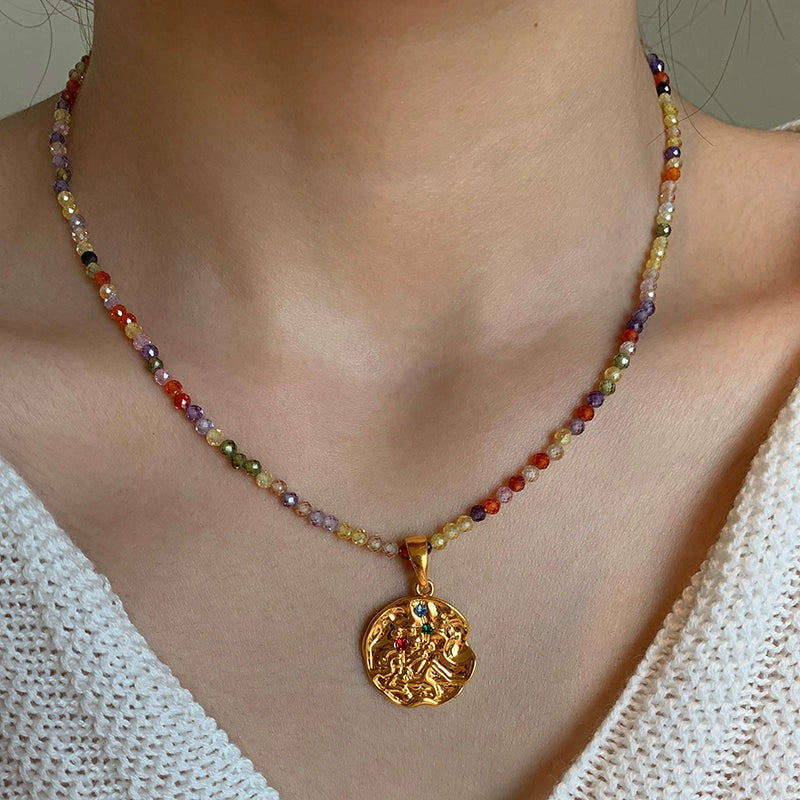 Twelve constellations gold coin pendant dopamine color beaded necklace women's summer accessories light luxury niche collarbone chain