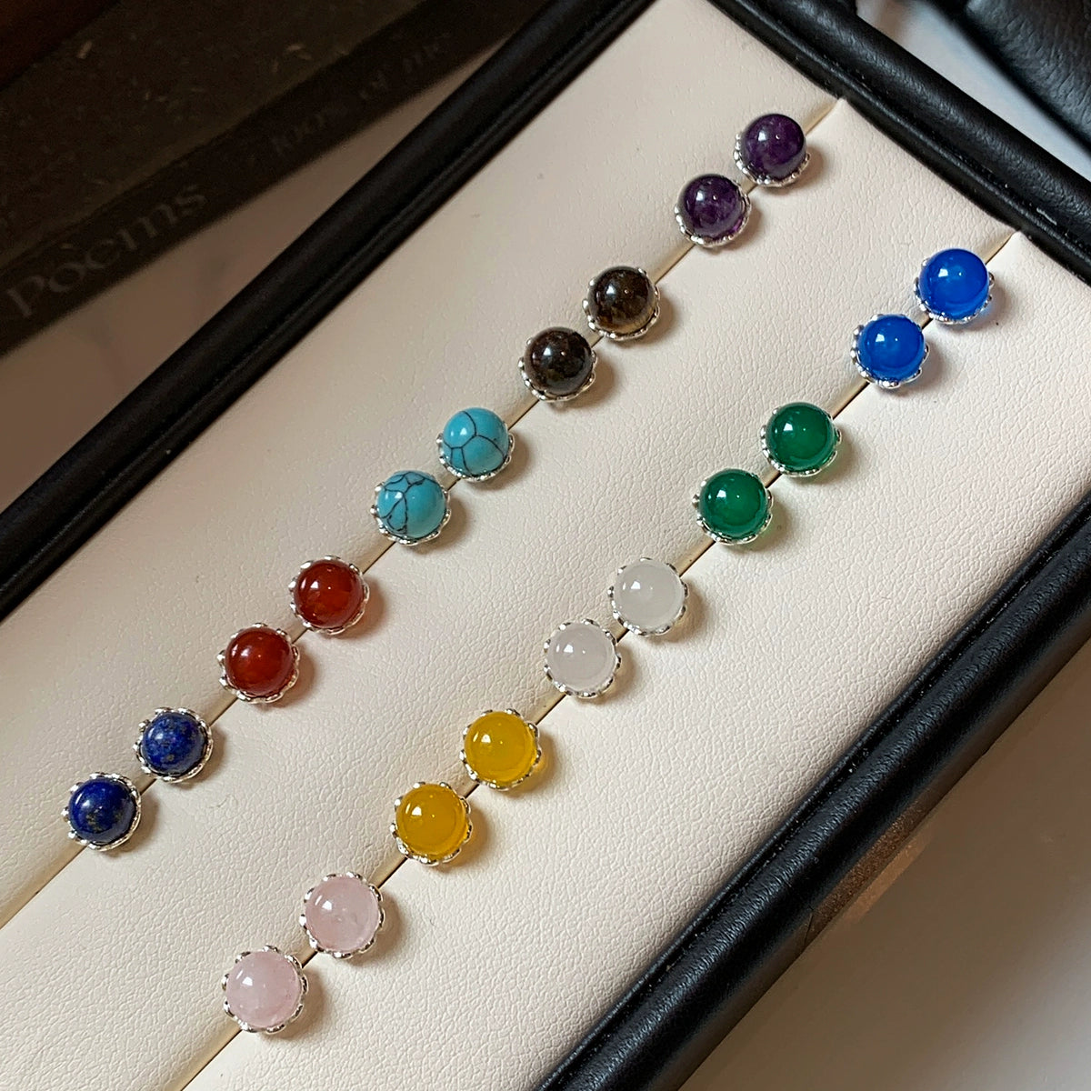 S999 sterling silver natural red and blue gemstone turquoise earrings women's small exquisite ear hole earrings 2025 new