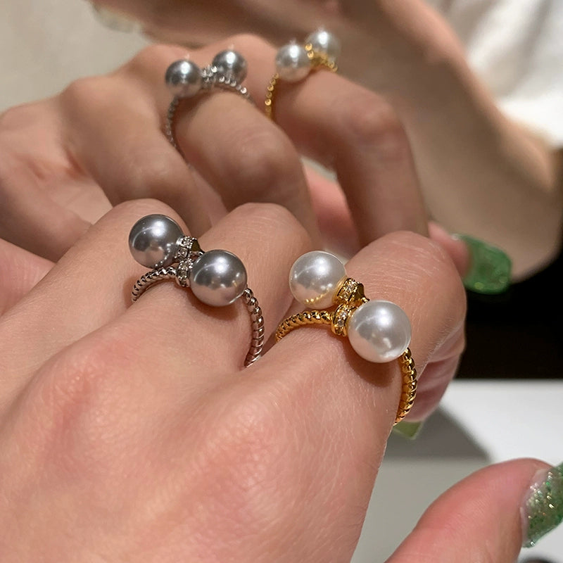 French Aurora Australian White Grey Twist Open Pearl Ring Women's Fashion Personality Exquisite Light Luxury Niche Jewelry
