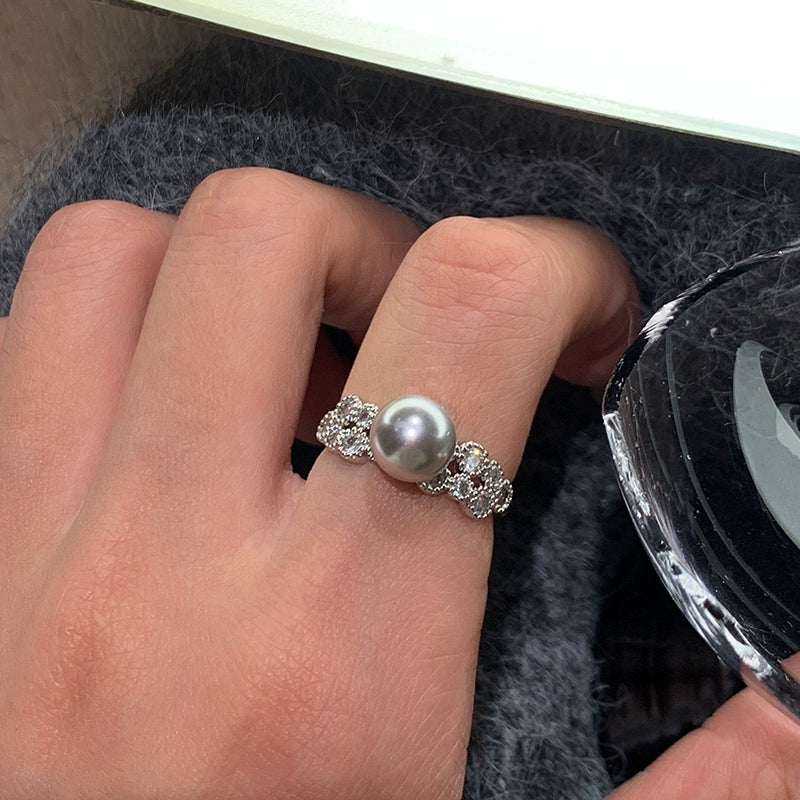 French Australian white gray pearl ring women's opening adjustable 2025 new high-end niche exquisite index finger middle finger