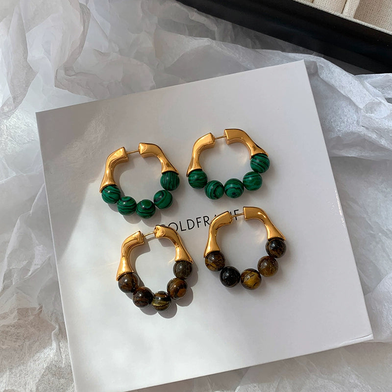 French retro natural malachite tiger's eye earrings women's niche design sense high-end unique earrings earrings earrings