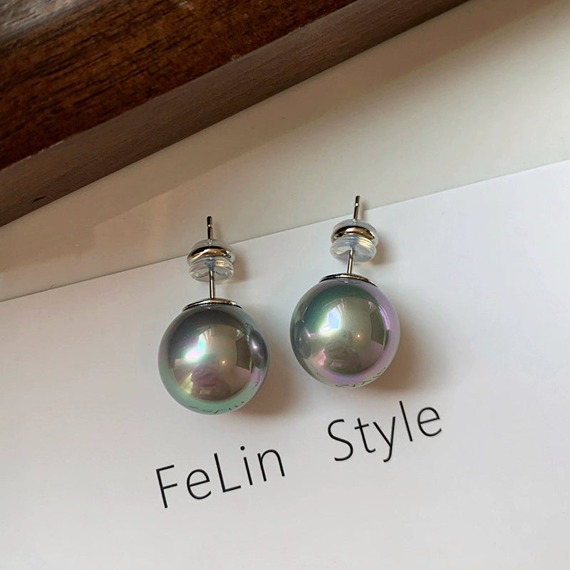 French real hemp platinum silver gray colorful large pearl stud earrings women's exquisite light luxury high-end earrings earrings