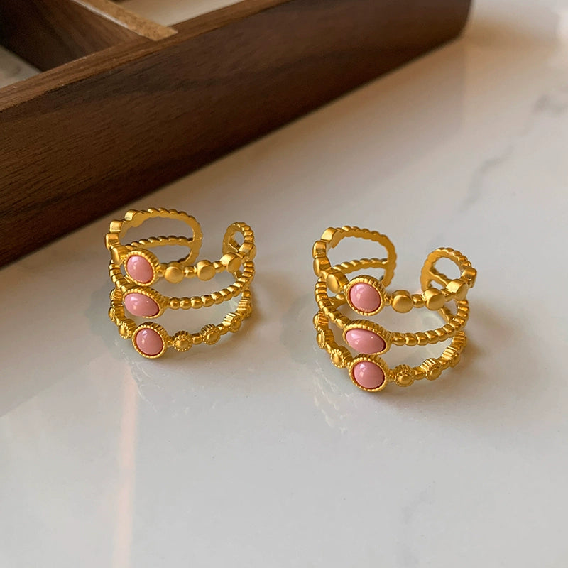 European, American retro medieval Egyptian style multi-layer stacking wearing pink natural stone open ring women's light luxury exquisite high sense