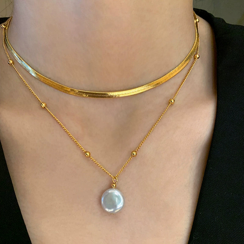 Natural freshwater baroque pearl pendant necklace women's accessories double-layer stacked snake bone chain 2025 new collarbone chain