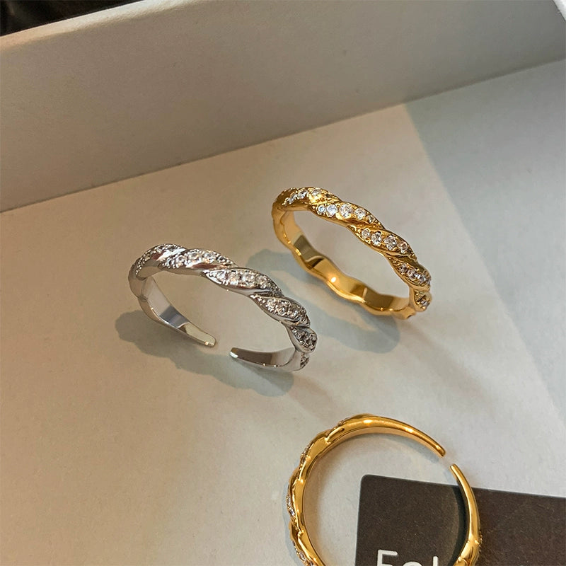 European and American metal twist diamond opening ring women's fashion personality 2025 new light luxury niche high-end jewelry