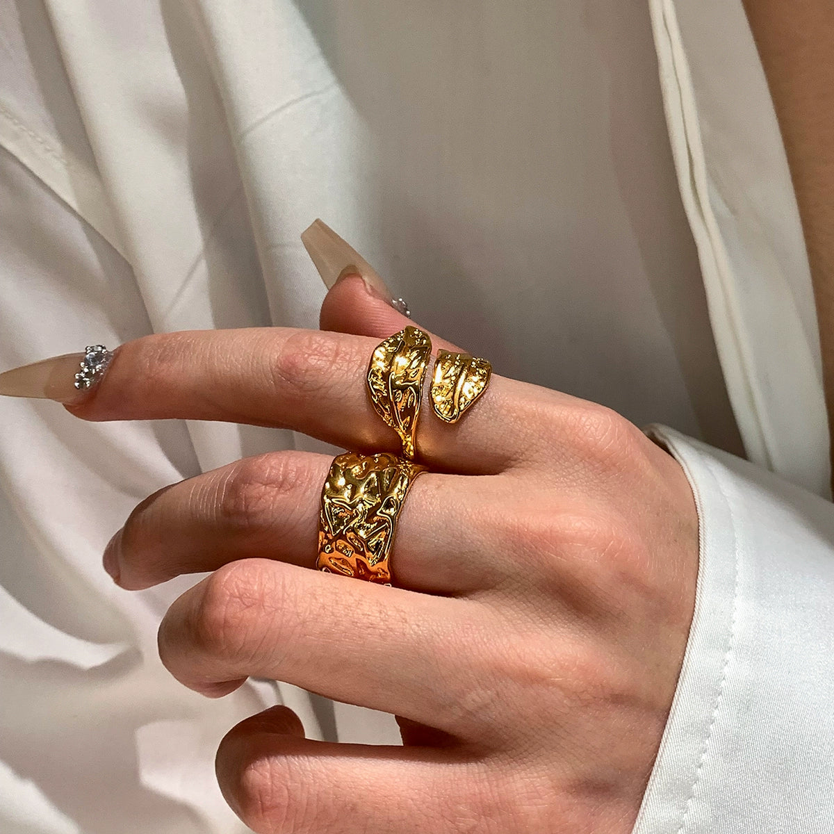 European and American metal leaf opening adjustable middle finger index finger ring women's light luxury niche design high-end hand jewelry