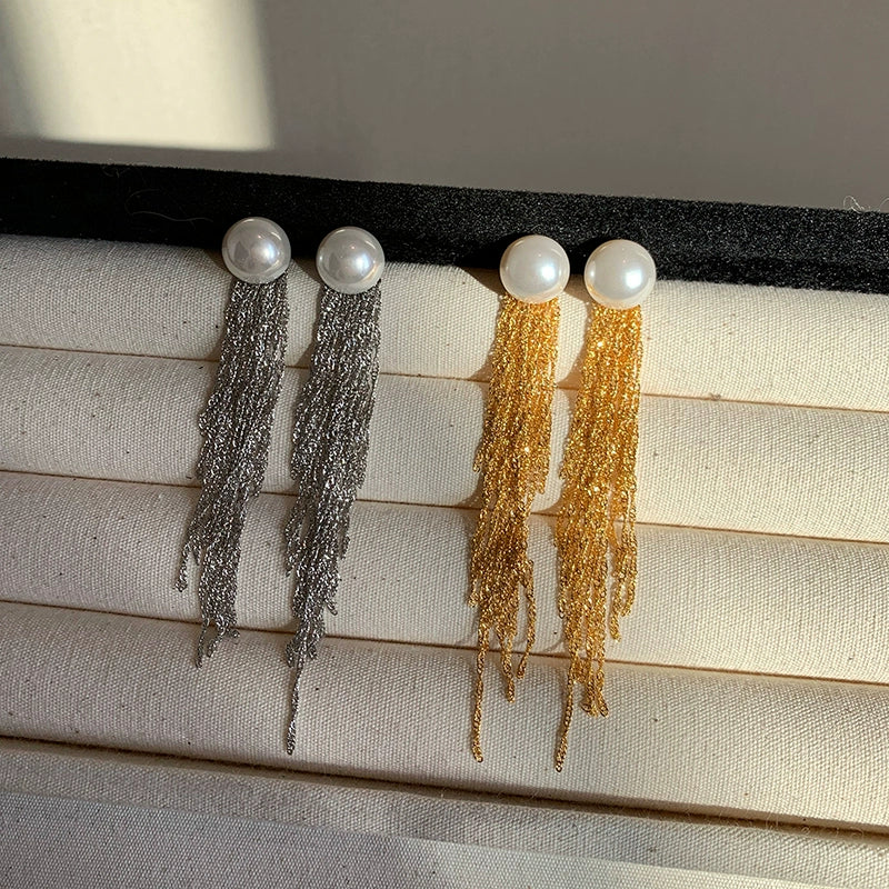 Gold and silver long fringed steamed buns, pearl stud earrings, women's 2025 new big face, suitable for showing face, small earrings, ear jewelry