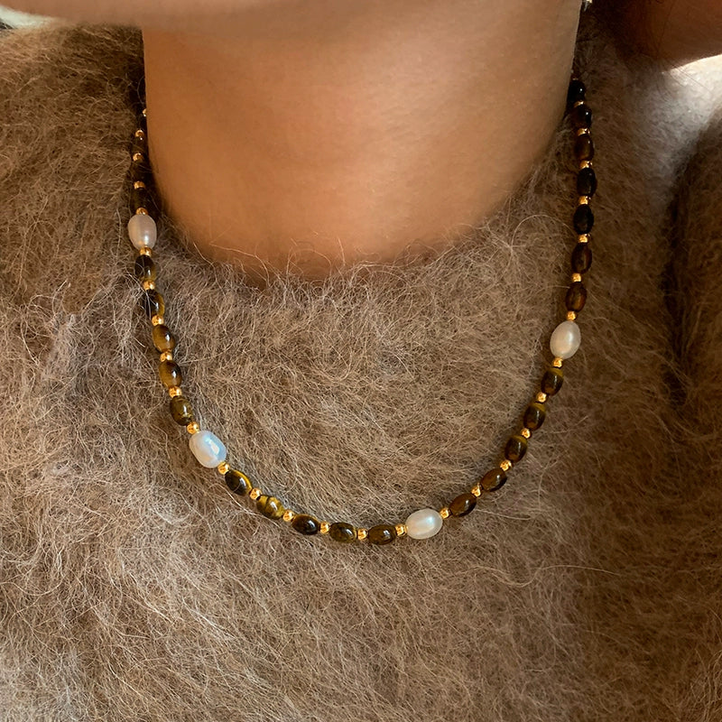 Maillard natural tiger's eye stone beaded pearl necklace women's high-end sweater accessories high-end 2025 new neck chain
