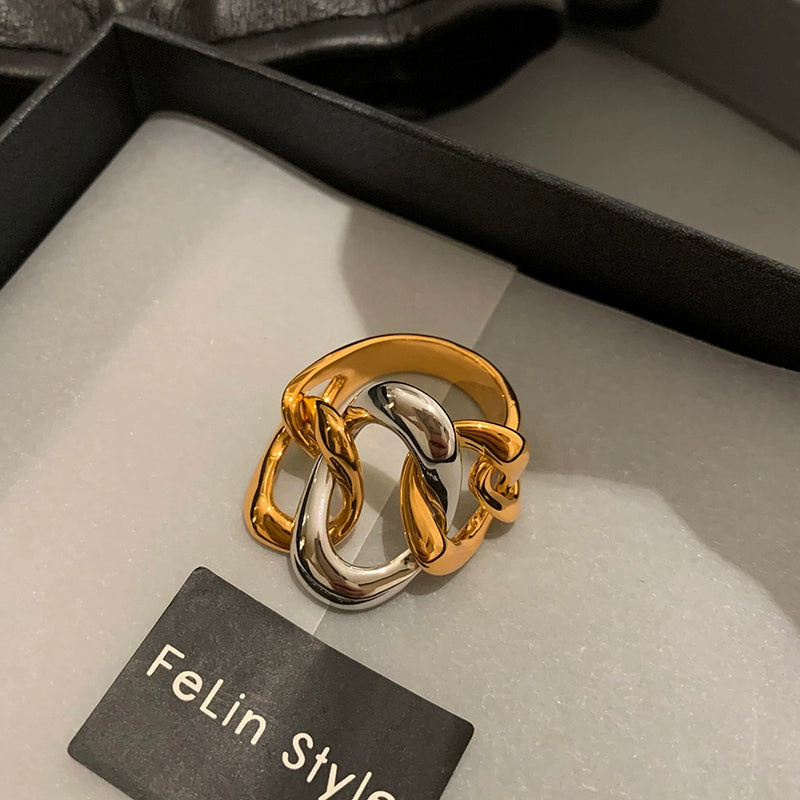 Unique design European and American gold and silver splicing chain middle finger index finger ring women's fashion personality exquisite light luxury high sense