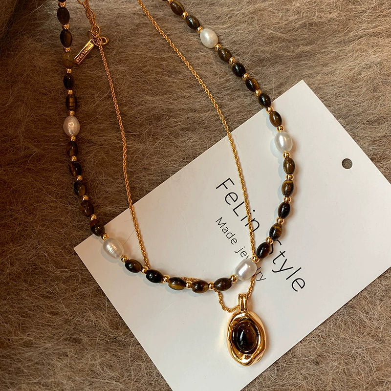 Maillard natural tiger's eye stone beaded pearl necklace women's high-end sweater accessories high-end 2025 new neck chain
