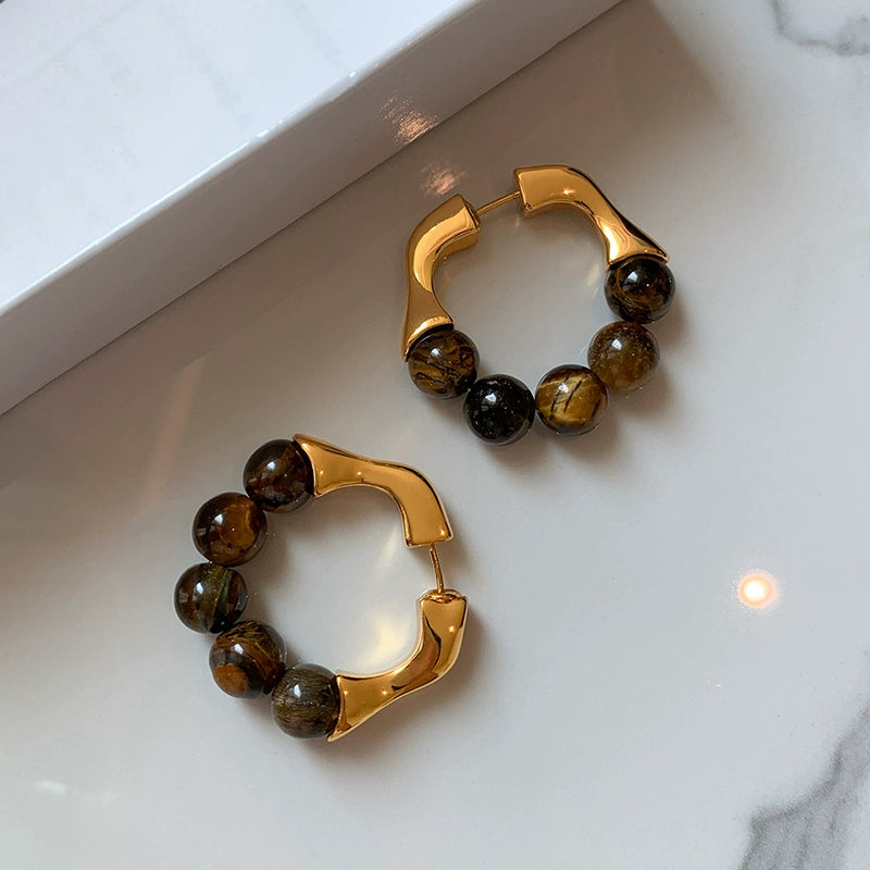 French retro natural malachite tiger's eye earrings women's niche design sense high-end unique earrings earrings earrings