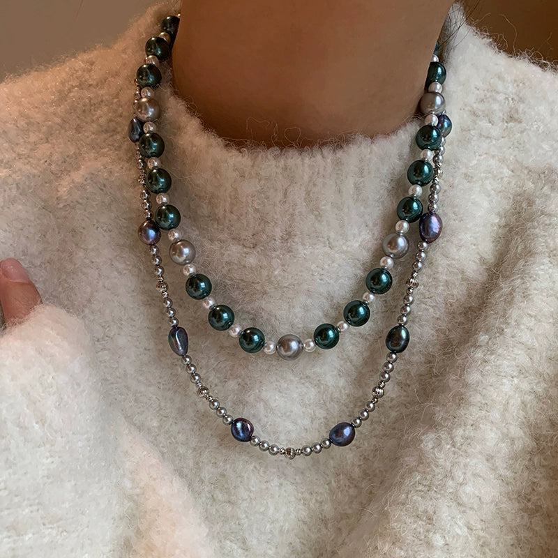 Ni Ni has the same mixed color Tahiti color, so much hemp gray pearl necklace, women's light luxury niche high-end neck chain.