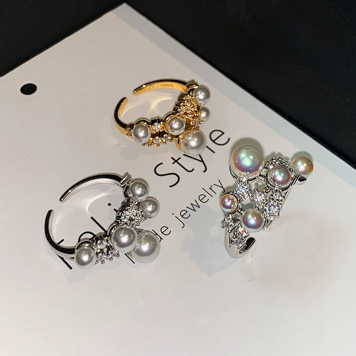 Pearl-set diamond open ring, women's adjustable light luxury niche design, high sense 2025 new middle finger ring