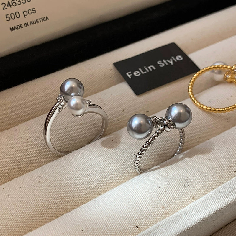 French Aurora Australian White Grey Twist Open Pearl Ring Women's Fashion Personality Exquisite Light Luxury Niche Jewelry
