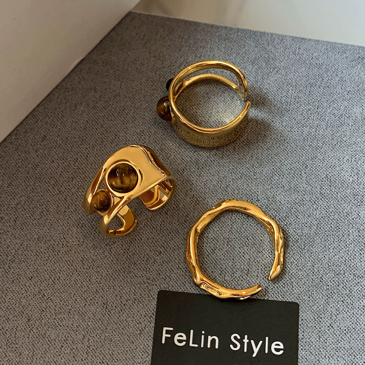 Natural tiger's eye stone wide version open index finger ring women's light luxury niche design advanced sense European and American style ins retro