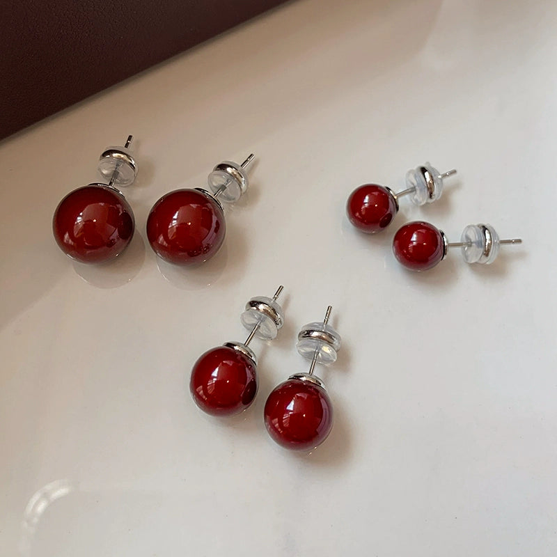 S925 silver needle red stud earrings women are suitable for Chinese New Year jewelry 2025 new high-end red pearl earrings earrings