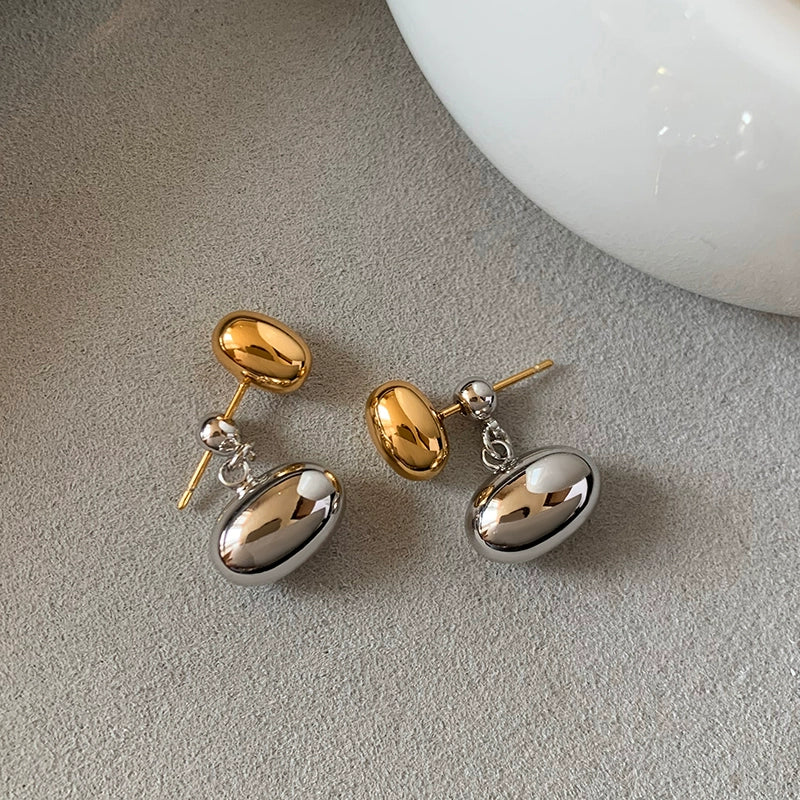 Gold and silver contrasting color bean stud earrings women's high-end niche design sense high-end simple temperament metal unique earrings earrings