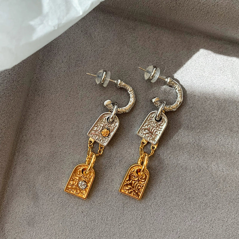 Unique design gold and silver contrasting color square brand long earrings women's square face shows their face small light luxury high-end new earrings earrings