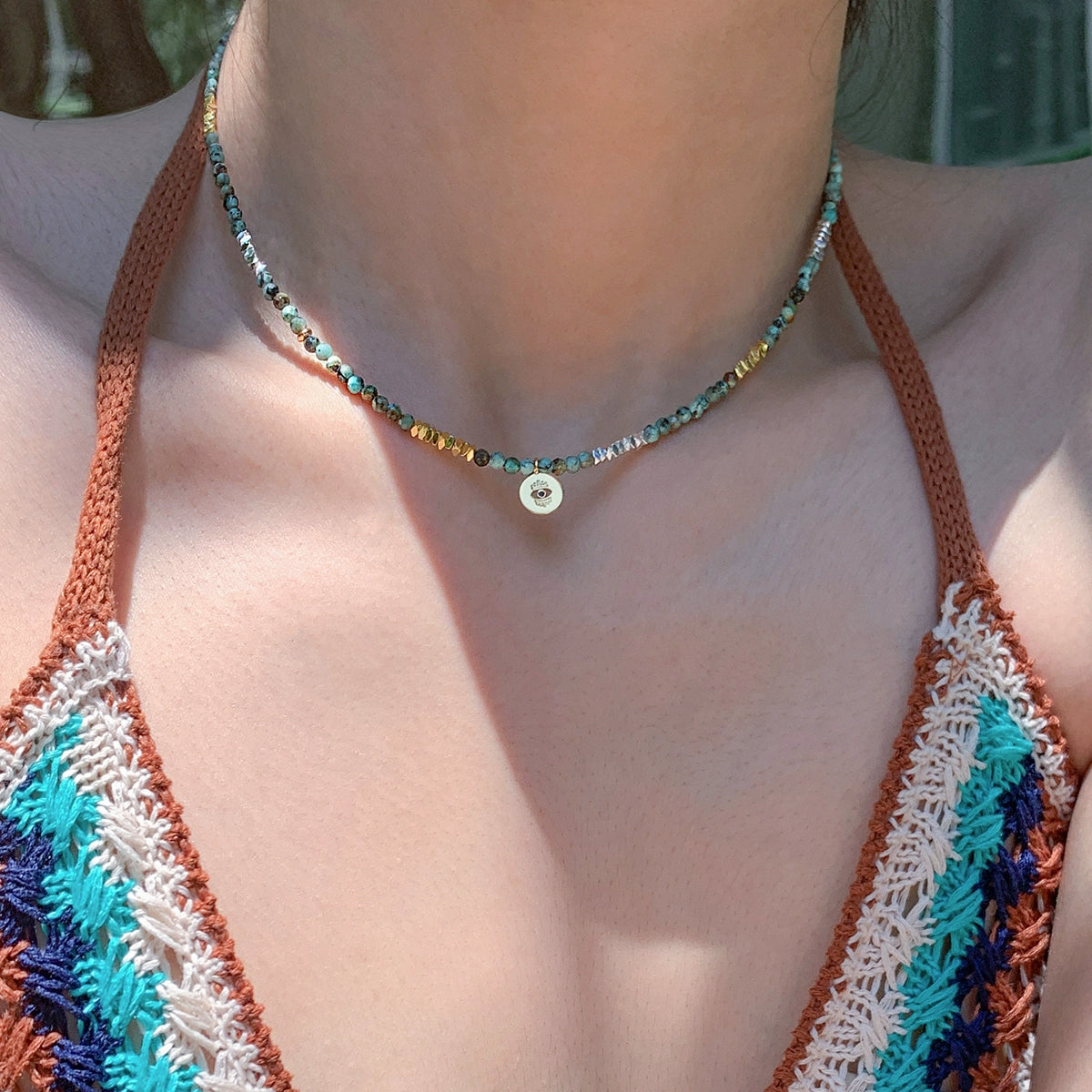 Devil's Eye Pendant African Turquoise Green Beaded Necklace Women's Summer Vacation Light Luxury Premium Necklace