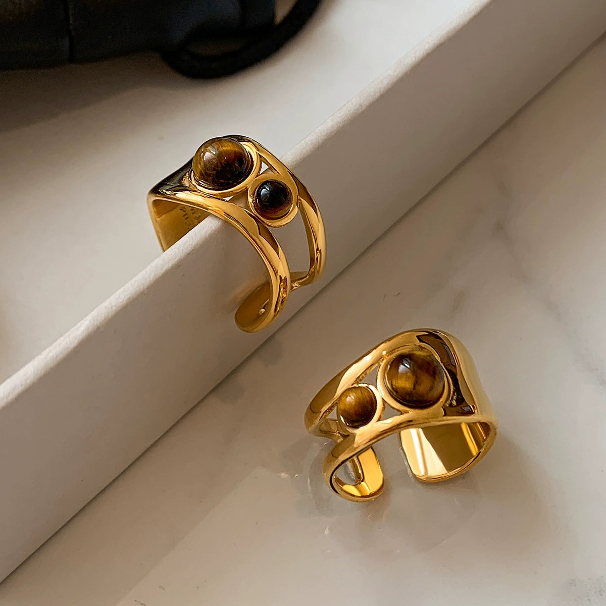 Natural tiger's eye stone wide version open index finger ring women's light luxury niche design advanced sense European and American style ins retro