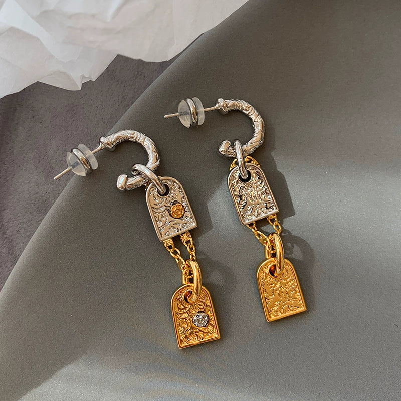 Unique design gold and silver contrasting color square brand long earrings women's square face shows their face small light luxury high-end new earrings earrings
