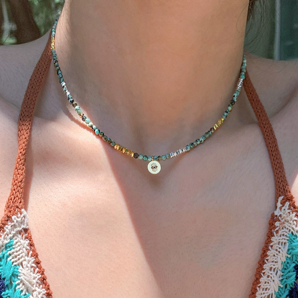 Devil's Eye Pendant African Turquoise Green Beaded Necklace Women's Summer Vacation Light Luxury Premium Necklace