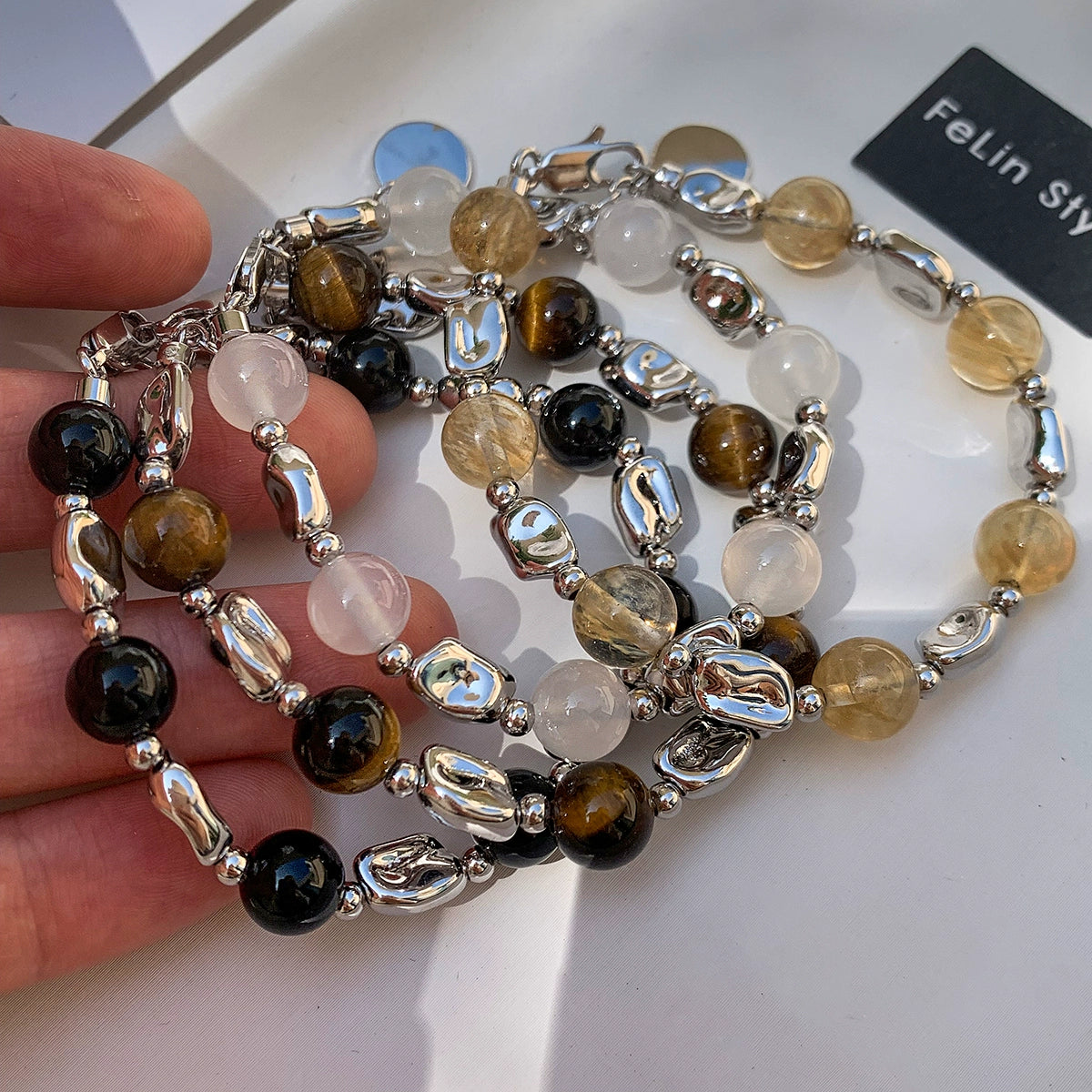 Natural tiger's eye stone obsidian bracelet women's light luxury exquisite fashion high sense summer 2025 new stacked bracelet