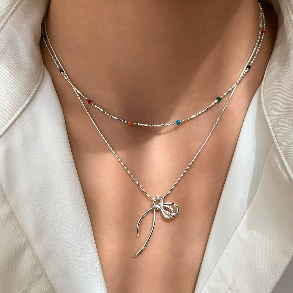 Whole body S925 sterling silver bow pendant necklace women's accessories stacked with light luxury niche high-end exquisite collarbone chain