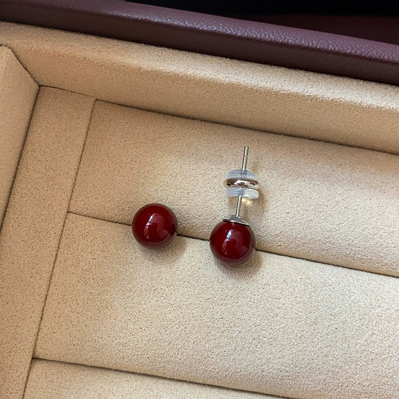 S925 silver needle red stud earrings women are suitable for Chinese New Year jewelry 2025 new high-end red pearl earrings earrings