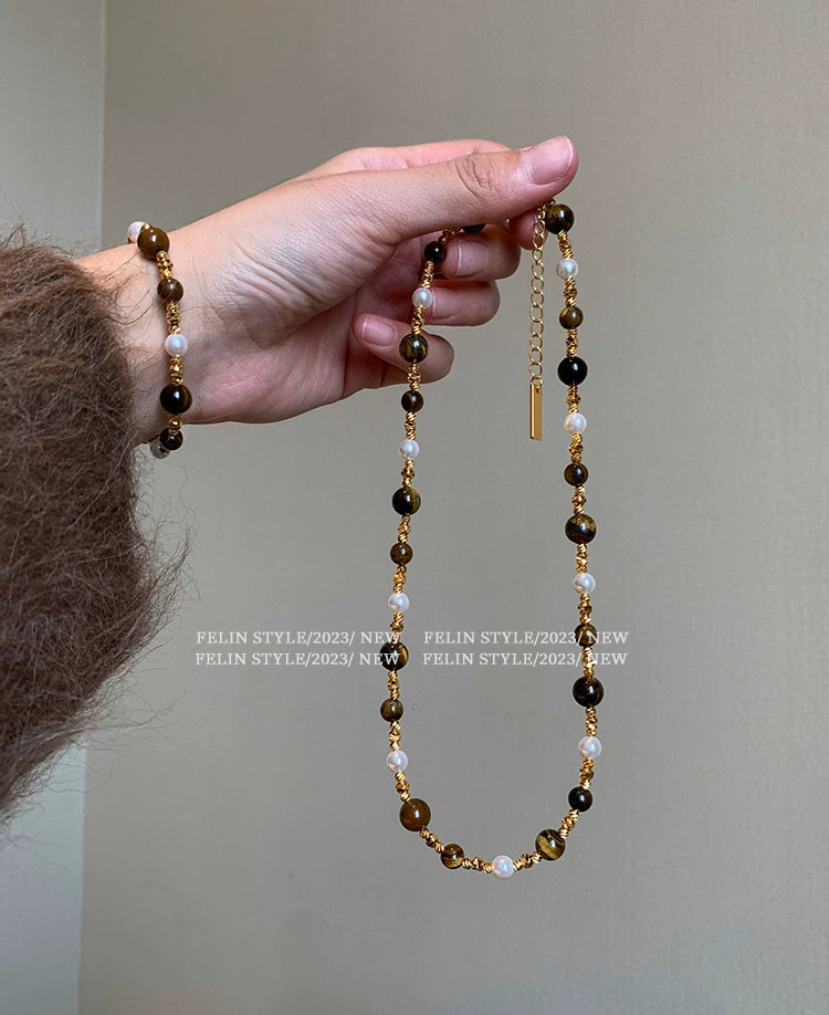 Original natural tiger's eye stone pearl bracelet for girls 2025 new light luxury niche high-end exquisite bracelet jewelry