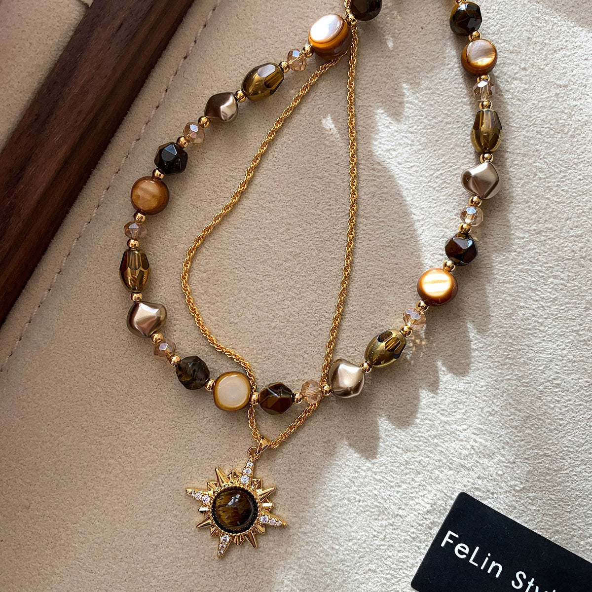 Natural Tiger's Eye Stone Necklace Women's High-end Long Sweater Chain Double Layer Stacked Wear Maillard Accessories Light Luxury Niche Premium